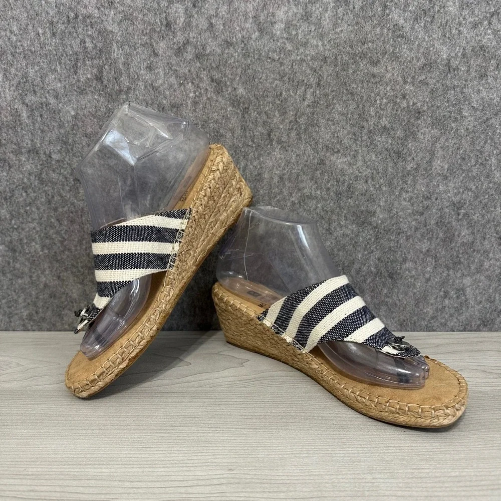 White Mountain Beachball Espadrille‎ Wedge Sandals Womens 7.5 Navy White Striped